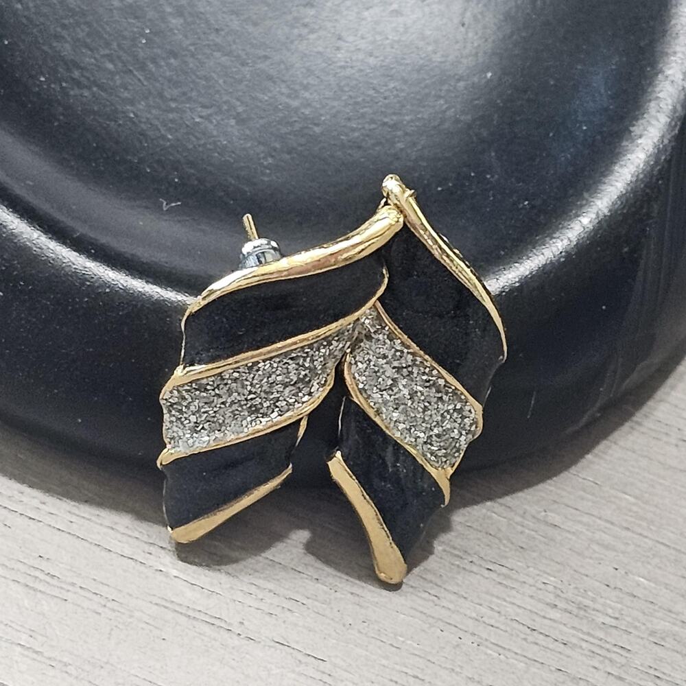 Vintage Gold-Tone Abstract Leaf Enamel & Glitter Inlay Statement Earrings